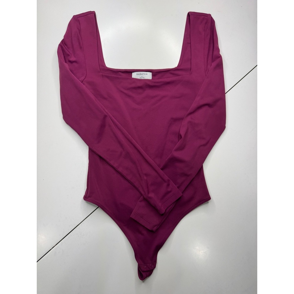Babaton Square Neck Long Sleeve Bodysuit Berry Purple Contour Size S - Picture 2 of 5
